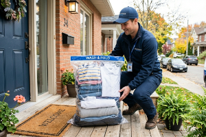 Delivery Driver Dropping Off Clean Laundry 300X200